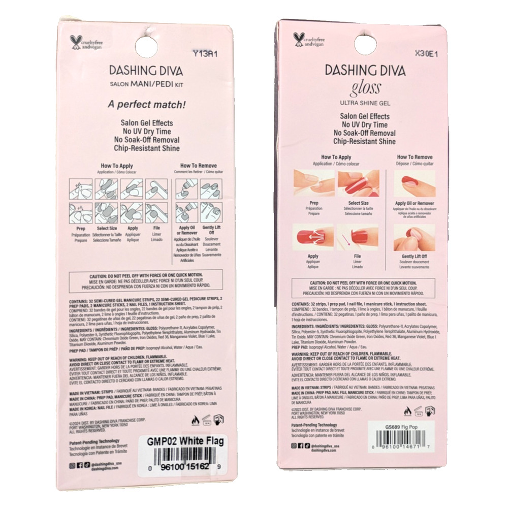 2 Packages Dashing Diva Gloss Ultra Shine Gel Nail Strips Fig Pop White Flag - Picture 2 of 4